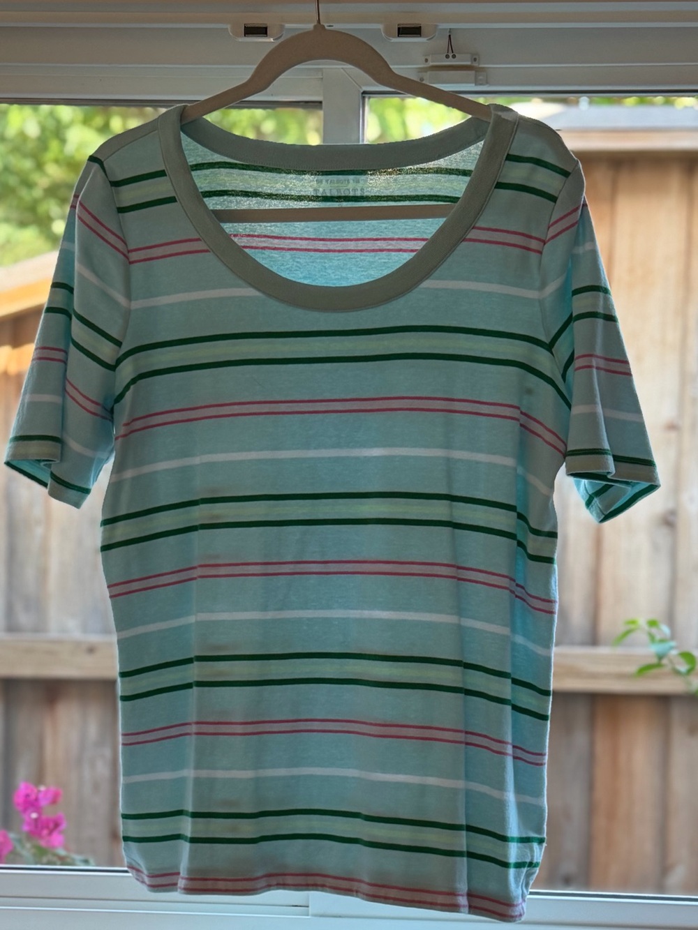 Women’ Talbots The Classic Tee in Mint with Green, Pink, & White Stripes